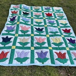 VTG‎ Handmade QUILT Applique Style Tulips Large 96"x82" 1930s